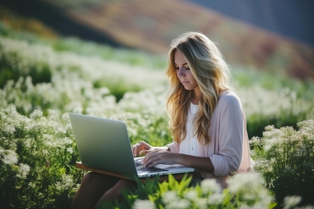 jovem agricultora caucasiana atraente usando computador portátil em campo agrícola entre flores