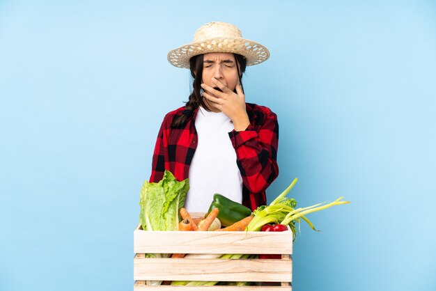 Jovem agricultora Mulher segurando legumes frescos em uma cesta de madeira bocejando