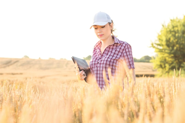 Jovem agricultora trabalha em um campo de trigo ao sol mulher de negócios planeja sua renda no campo