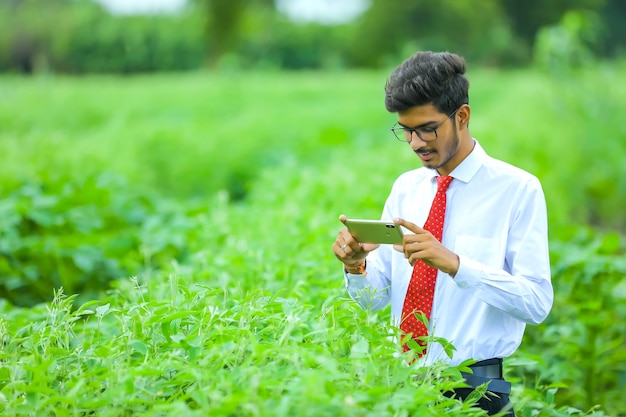 Jovem agrônomo indiano com smartphone em campo