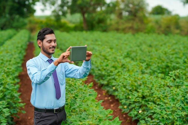 Jovem agrônomo indiano ou oficial usando tablet no campo de agricultura.