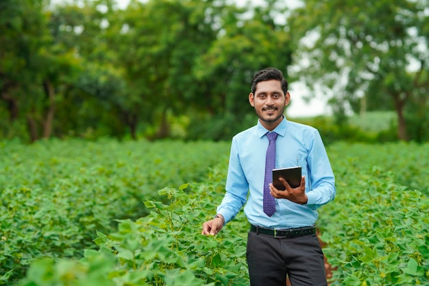 Jovem agrônomo indiano ou oficial usando tablet no campo de agricultura.