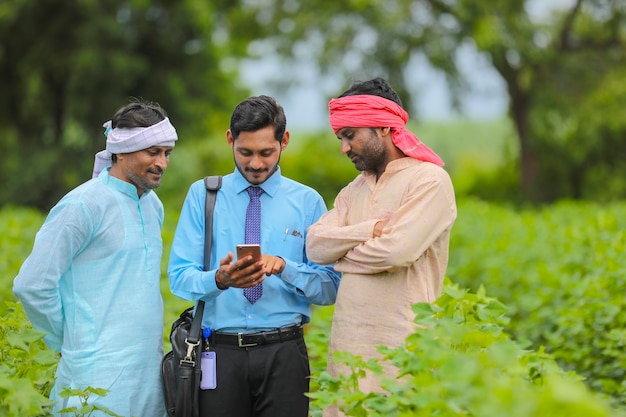 Jovem agrônomo ou banqueiro indiano, mostrando algumas informações ao agricultor no smartphone no campo da agricultura.