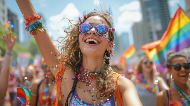 Jovem alegre celebrando em um desfile do Orgulho cercado por bandeiras arco-íris