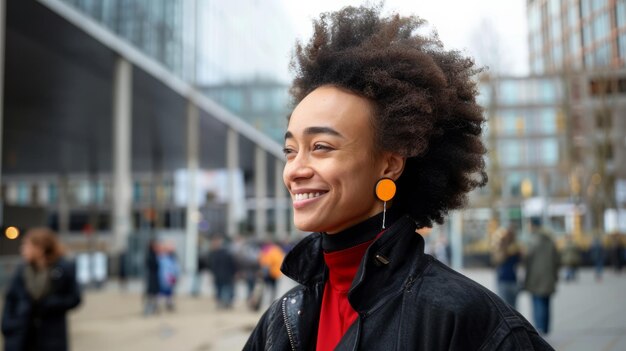 Foto jovem alegre com cabelos encaracolados, desfrutando da vida urbana