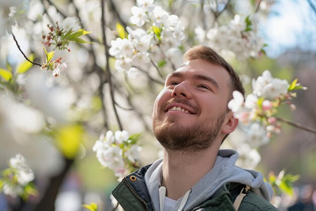 Jovem alegre com flores a florescer ao fundo