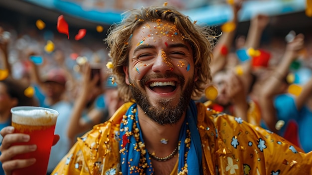 Jovem alegre comemorando em um festival vibrante expressão extática segurando uma cerveja capturada momento de felicidade AI