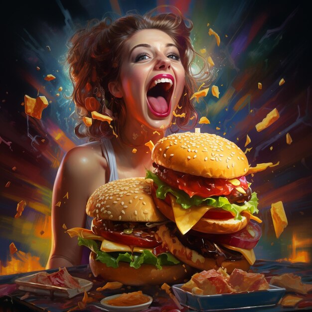 Foto jovem alegre comendo ilustração de hambúrguer