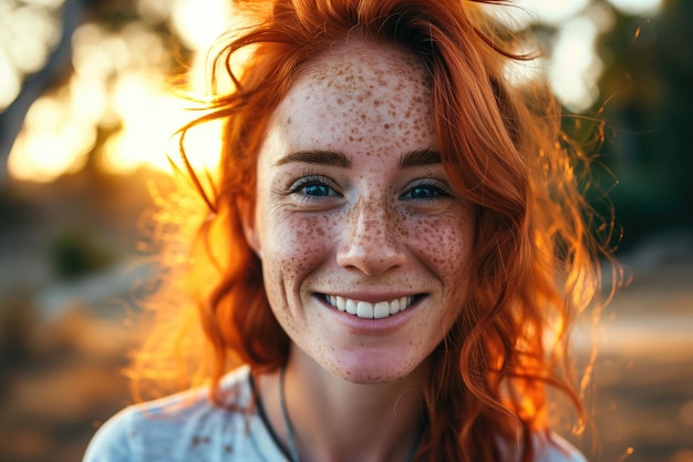 Jovem alegre faz contacto visual com a câmara Mulher feliz com cabelo vermelho e sardas