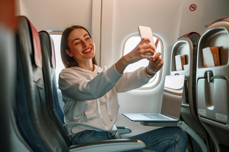 Foto jovem alegre fazendo selfie no avião