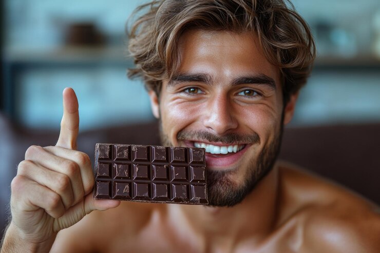 Foto jovem alegre se deleita com uma barra de chocolate, apontando com entusiasmo e um grande sorriso