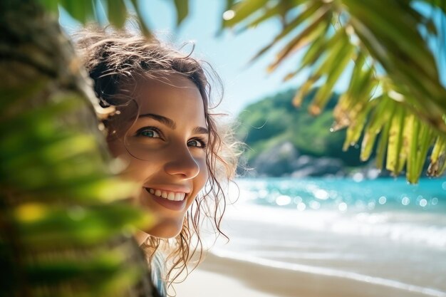 Foto jovem alegre tomando banho no mar tropical quente