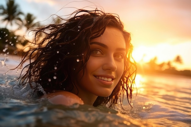 Jovem alegre tomando banho no mar tropical quente