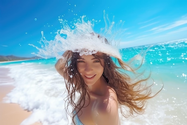 Jovem alegre tomando banho no mar tropical quente