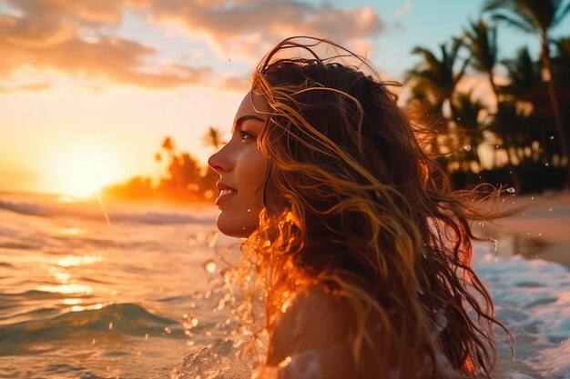 Jovem alegre tomando banho no mar tropical quente