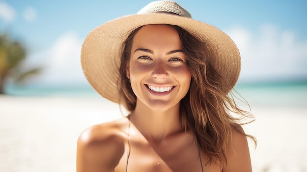 Jovem alegre usando um chapéu de sol sorrindo contra um céu azul brilhante com nuvens brancas fofas