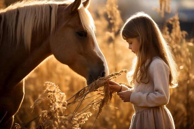 Jovem alimentando seu cavalo no Paddock IA generativa