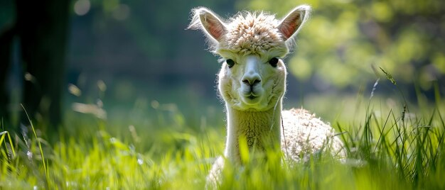 Foto jovem alpaca pastando em um campo ensolarado