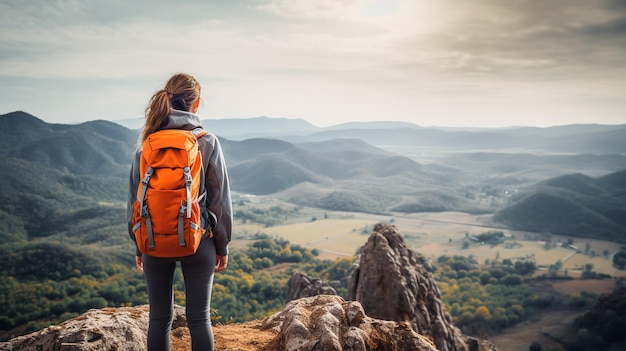 Jovem alpinista com mochila em pé no topo da montanha e olhando para o vale