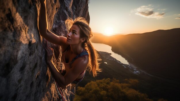 Foto jovem alpinista em um penhasco