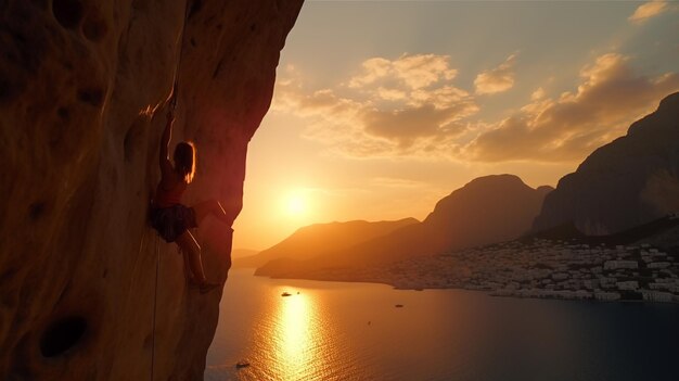 Jovem alpinista feminina ao pôr do sol Ilha Kalymnos Grécia