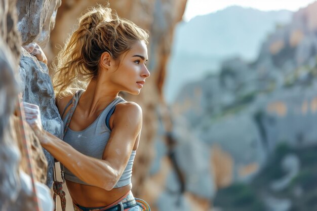 Jovem alpinista olha para a frente calculando seu próximo movimento em um penhasco íngreme durante uma escalada