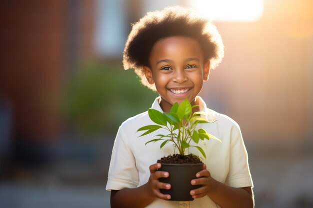 Jovem ambientalista Criança sorridente cuidando de uma nova vida