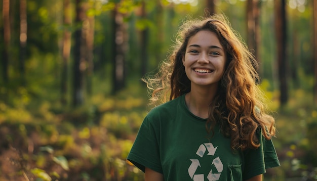 Foto jovem ambientalista vestindo uma camiseta de reciclagem verde