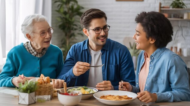 Foto jovem amor e cuidado ancião comer almoço refeição para seguro e ficar em casa sorriso feliz família