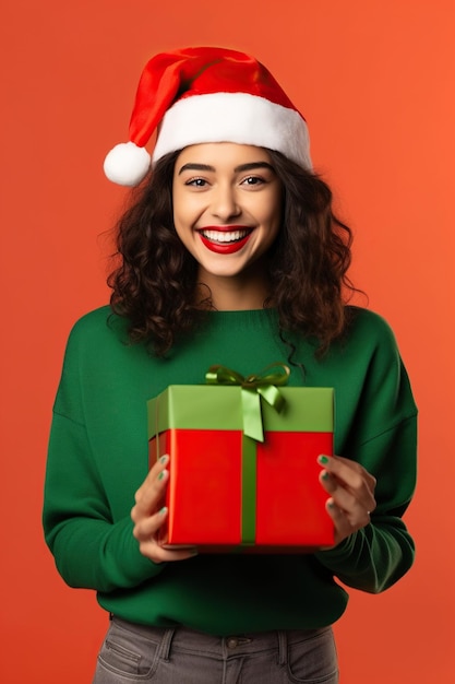 Jovem animada e divertida mulher usa gola alta chapéu de Papai Noel posando segurando caixa de presente com laço de fita de presente isolado no fundo do estúdio