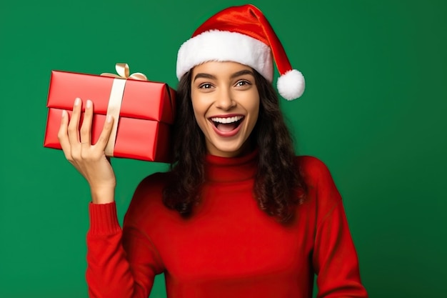 Jovem animada e divertida mulher usa gola alta chapéu de Papai Noel posando segurando caixa de presente com laço de fita de presente isolado no fundo do estúdio