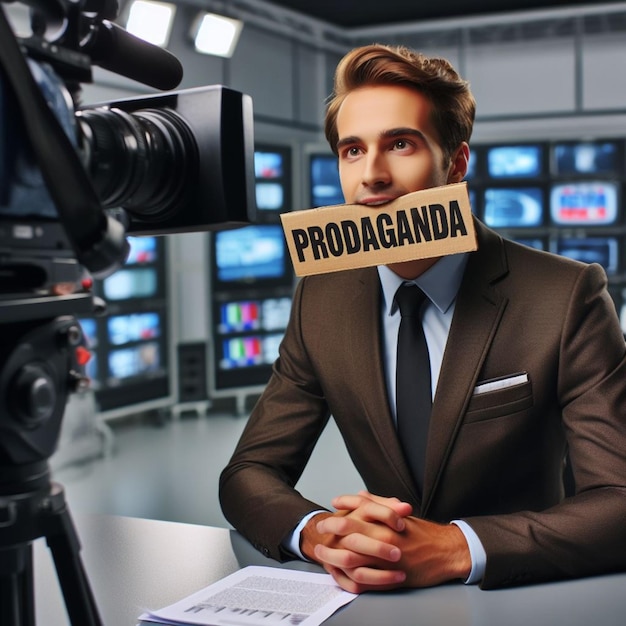 Foto jovem apresentador masculino com um sinal de propaganda sobre a boca em um estúdio de televisão
