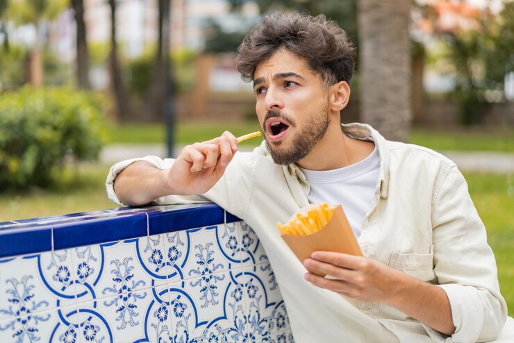 Foto jovem árabe bonito segurando batatas fritas ao ar livre
