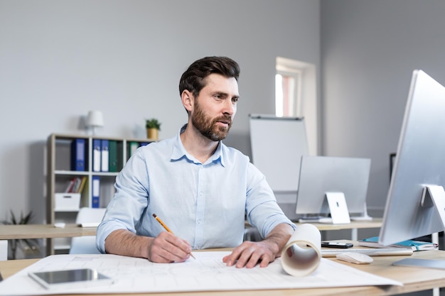 Jovem arquiteto arquiteto masculino fazendo desenhos e projetos em papel whatman na mesa em seu escritório Sentado em uma mesa com um computador focado