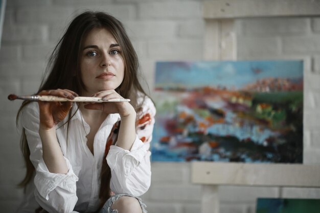 Foto jovem artista a trabalhar na oficina a pintar com pincel a tela de inspiração