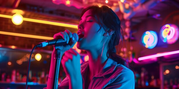 Foto jovem artista cantando no bar neonlit