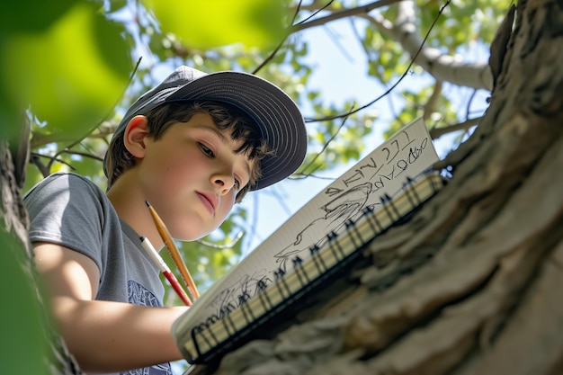 Jovem artista esboçando em um caderno enquanto em um canto de árvore