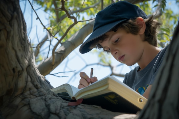 Jovem artista esboçando em um caderno enquanto em um canto de árvore