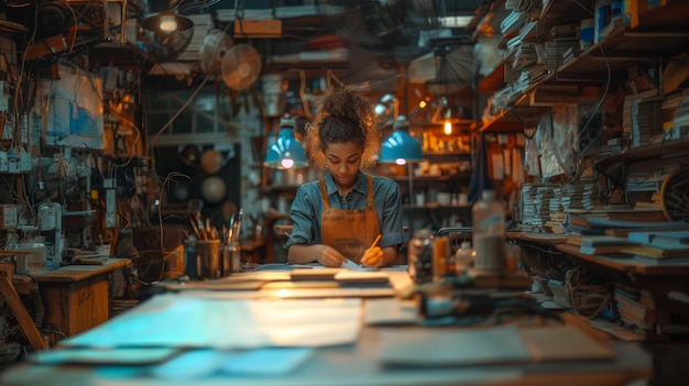 Jovem artista feminina criando sua arte em uma oficina