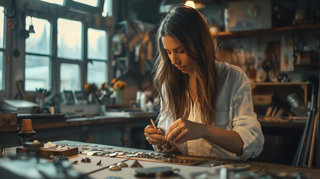 Foto jovem artista focada a trabalhar na sua última coleção de jóias no seu estúdio