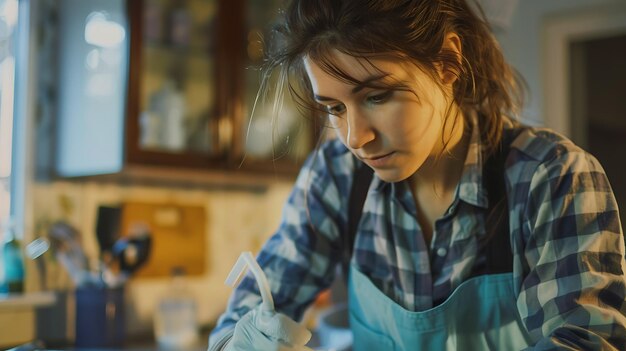 Foto jovem artista focada trabalhando em sua pintura no estúdio ela está vestindo um avental azul e luvas e está usando um soprador para aquecer o vidro