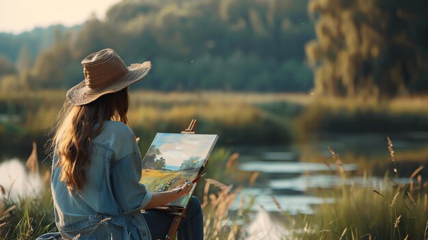 Jovem artista sentada na margem de um rio e pintando uma imagem de uma paisagem rural Ela está vestindo um chapéu e uma camisa de jeans