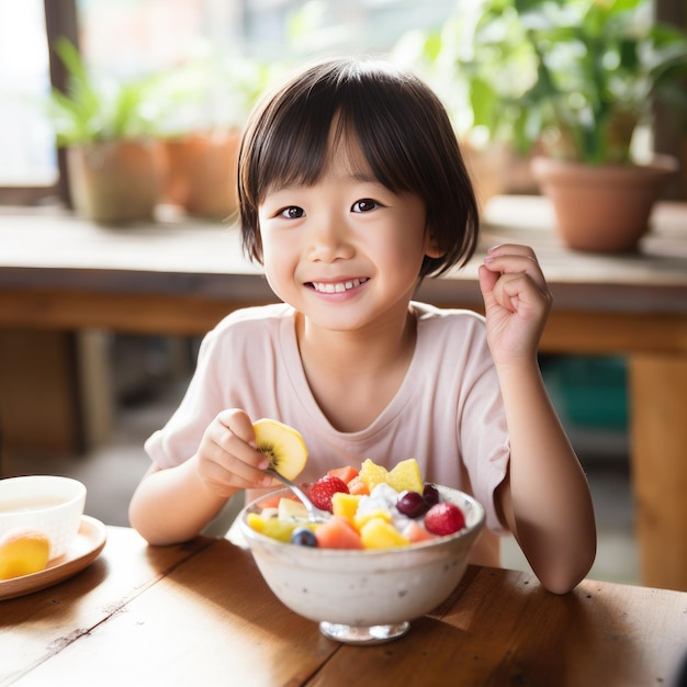 Jovem asiática a desfrutar de uma tigela de frutas