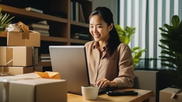 jovem asiática a trabalhar num portátil num escritório.
