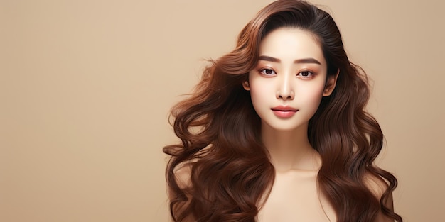 Jovem asiática com cabelo longo com estilo de maquiagem coreano toca seu rosto e pele perfeita