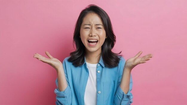 Jovem asiática com expressão negativa excitada gritando chorando emocionalmente zangada em roupa casual