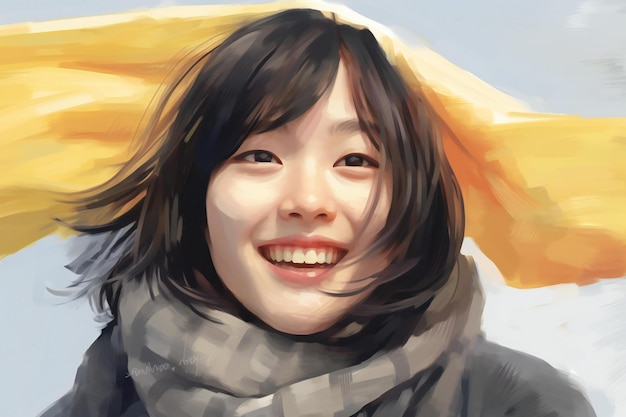 Jovem asiática com lenço amarelo no tempo frio Pintura digital