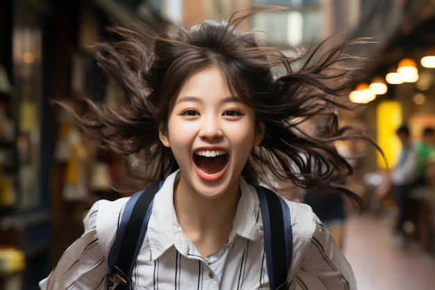 jovem asiática com o cabelo a voar no ar