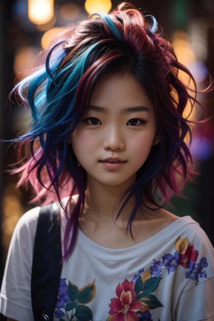 Foto jovem asiática com penteado brilhante selvagem