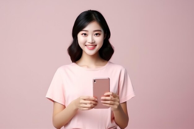 Jovem asiática de camisa rosa segura smartphone com energia vibrante, estilo de vida moderno e conceito de conectividade